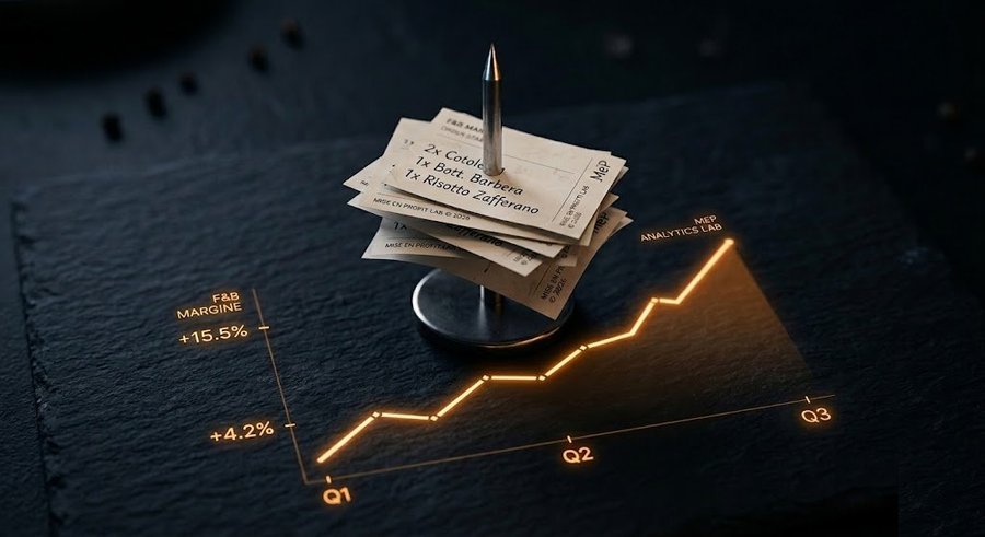 Comande di un ristorante impilate su porta-comande accanto a un grafico amber che mostra crescita del margine F&B dal 4.2% al 15.5%